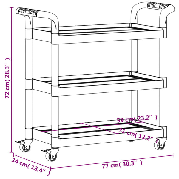 vidaXL 3-Tier Rolling Cart Grey 77x34x72 cm Aluminium