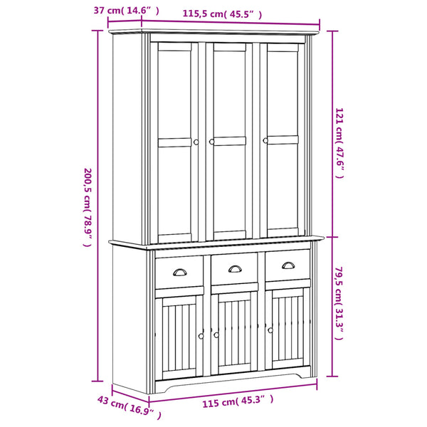 vidaXL Highboard BODO Grey 115.5x43x200.5 cm Solid Pine