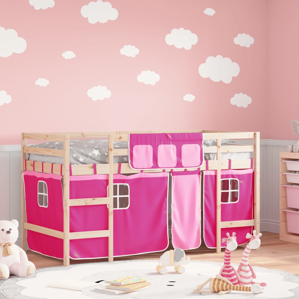 vidaXL Kids' Loft Bed with Curtains Pink 80x200 cm Solid Pine