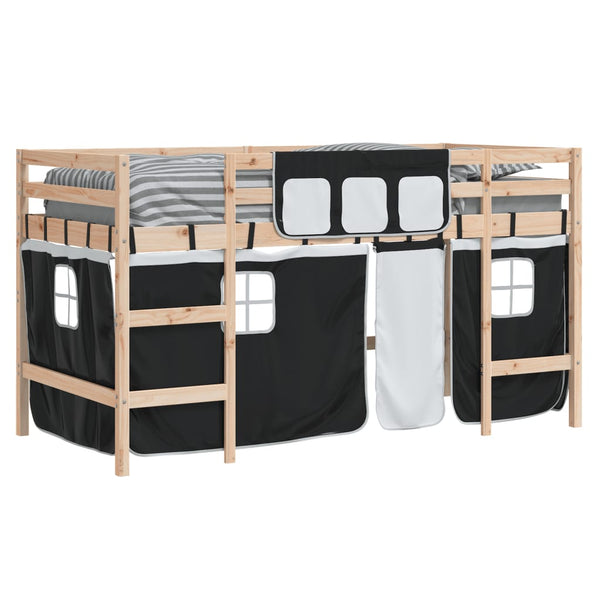 vidaXL Kids' Loft Bed with Curtains White Black 90x190 cm Pine Wood
