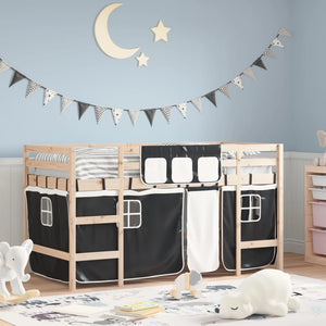vidaXL Kids' Loft Bed with Curtains White Black 90x190 cm Pine Wood