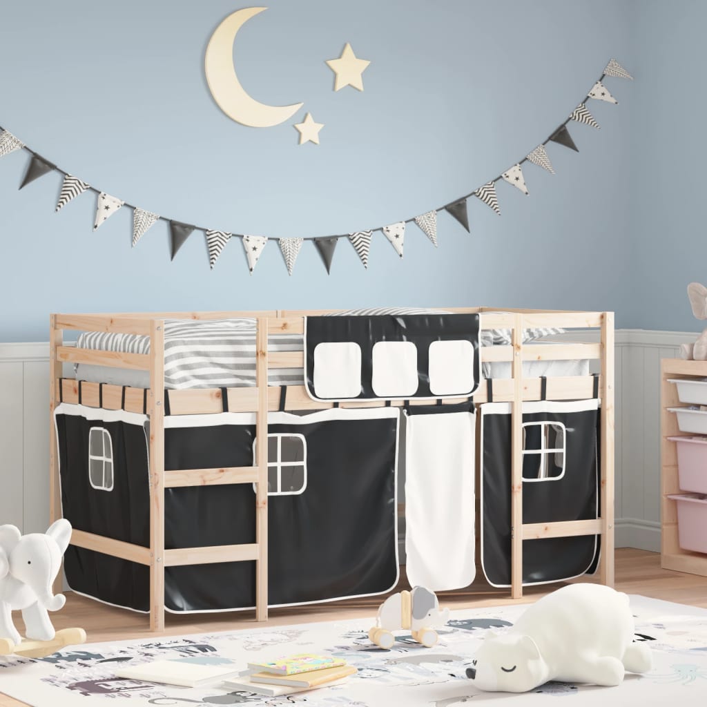 vidaXL Kids' Loft Bed with Curtains White Black 90x190 cm Pine Wood
