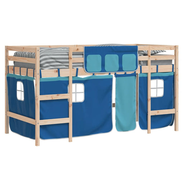 vidaXL Children's Loft Bed with Curtains Blue 90x190 cm Solid Pine Wood