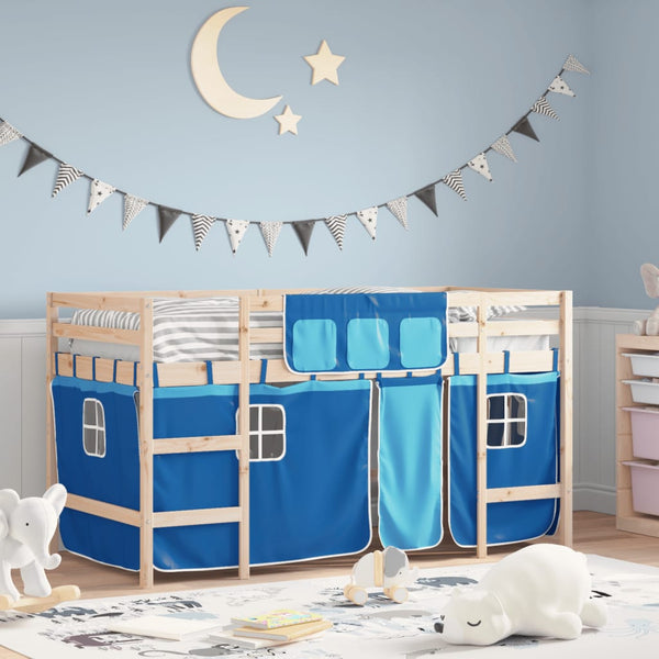 vidaXL Children's Loft Bed with Curtains Blue 90x190 cm Solid Pine Wood