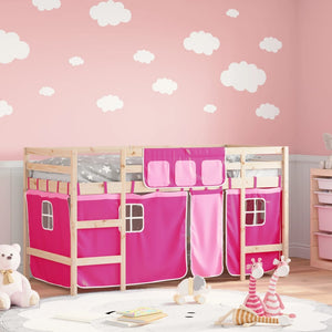 vidaXL Children's Loft Bed with Curtains Pink 90x190 cm Solid Pine