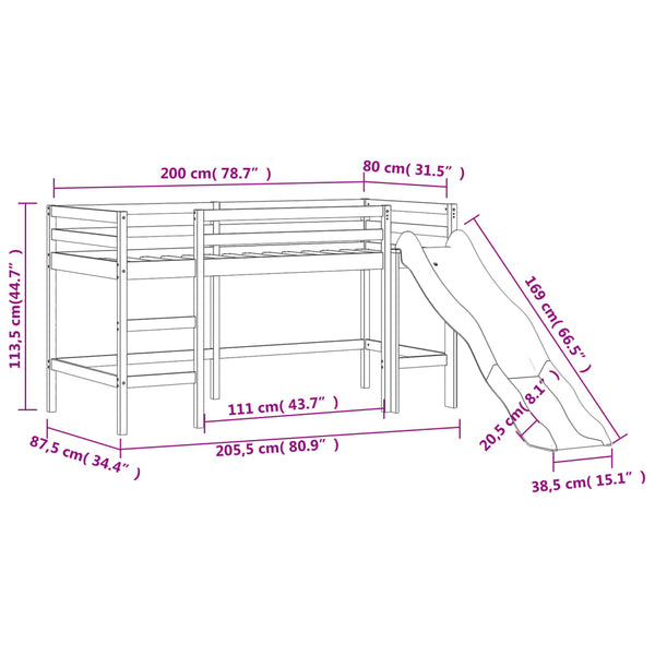 vidaXL Kids Loft Bed with Tower Pink 80x200 cm Solid Pine Wood
