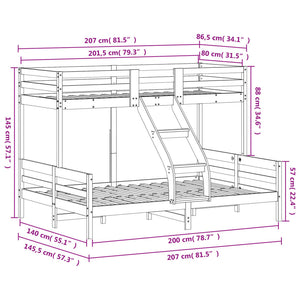 vidaXL Bunk Bed 80x200/140x200 cm White Solid Pine Wood