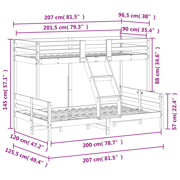 vidaXL Bunk Bed 90x200/120x200 cm Solid Pine Wood