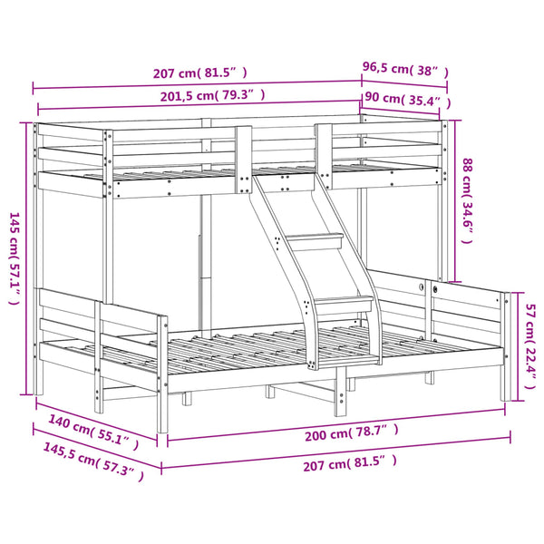 vidaXL Bunk Bed 90x200/140x200 cm White Solid Pine Wood