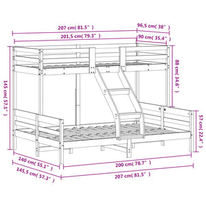 vidaXL Bunk Bed 90x200/140x200 cm Waxed Brown Solid Pine Wood