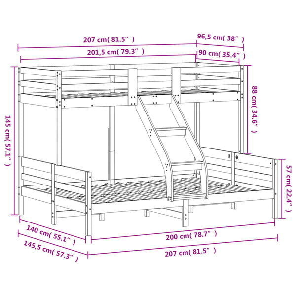 vidaXL Bunk Bed 90x200/140x200 cm Waxed Brown Solid Pine Wood