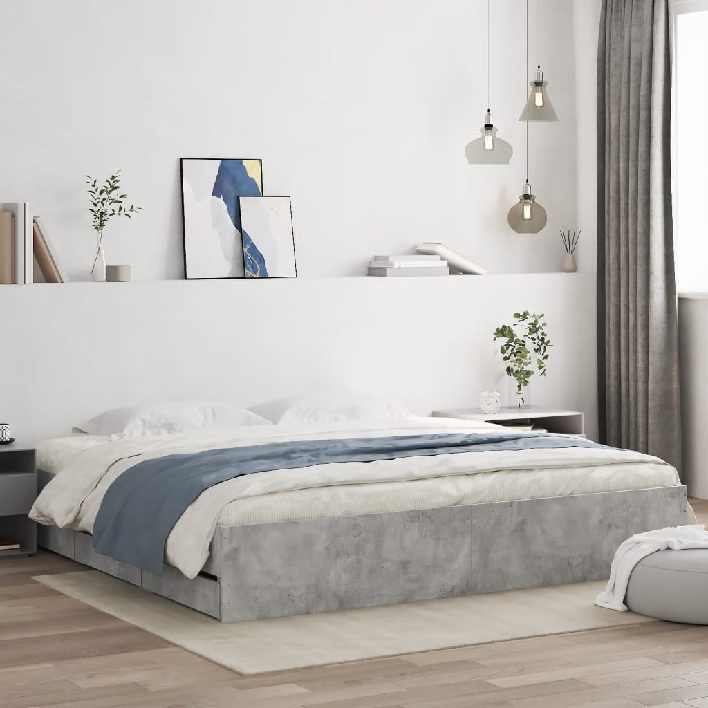 vidaXL Bed Frame with Drawers Concrete Grey 200x200 cm Engineered Wood