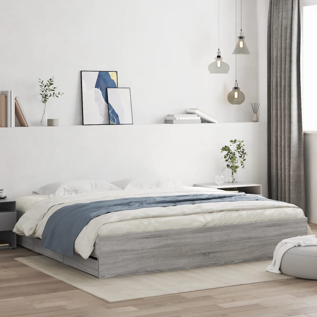 vidaXL Bed Frame with Drawers Grey Sonoma 200x200cm Engineered Wood