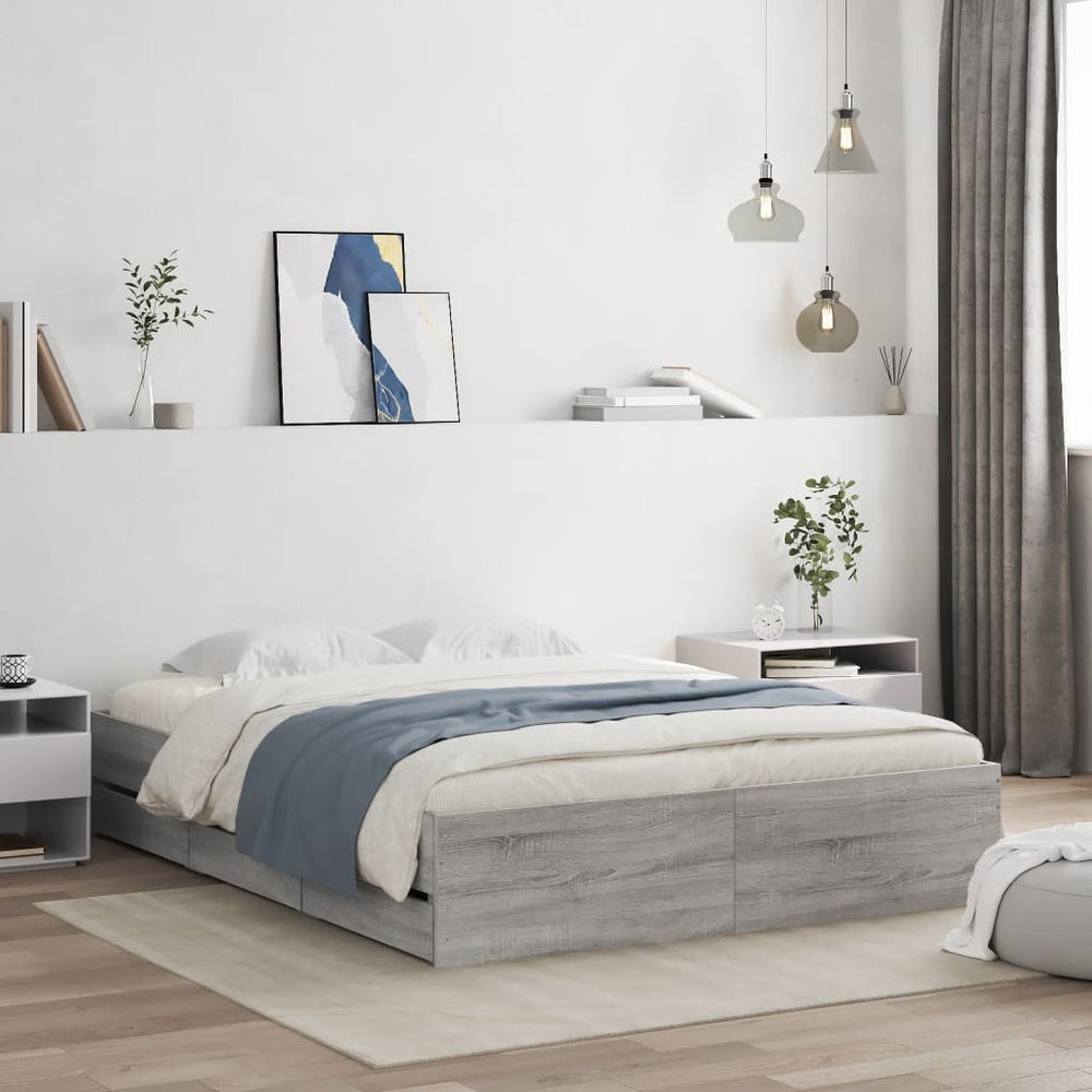 vidaXL Bed Frame with Drawers Grey Sonoma 150x200 cm Engineered Wood