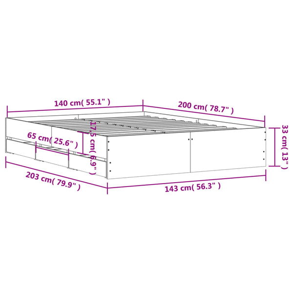 vidaXL Bed Frame with Drawers Concrete Grey 140x200 cm Engineered Wood