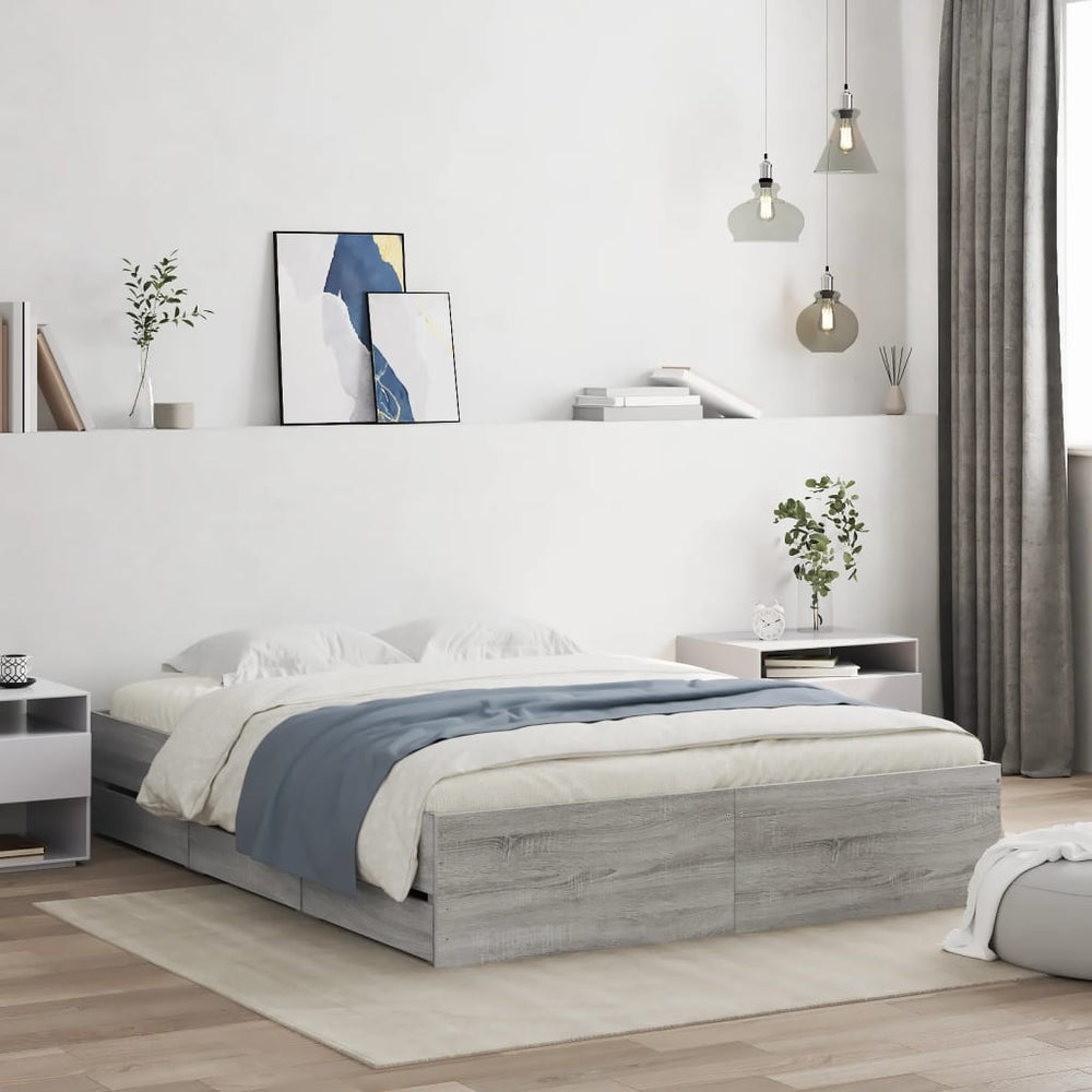 vidaXL Bed Frame with Drawers Grey Sonoma 140x200 cm Engineered Wood