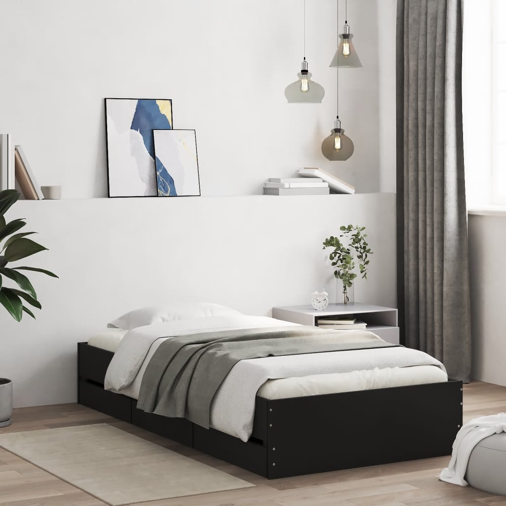 vidaXL Bed Frame with Drawers Black 100x200 cm Engineered Wood