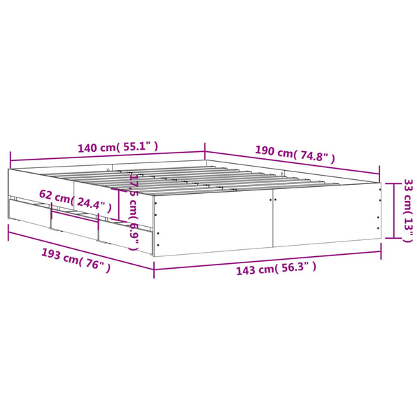 vidaXL Bed Frame with Drawers Concrete Grey 140x190 cm Engineered Wood