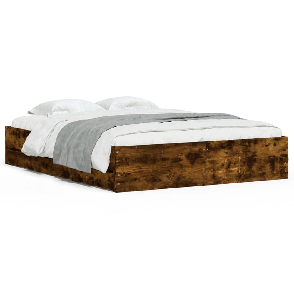 vidaXL Bed Frame with Drawers Smoked Oak 140x190cm Engineered Wood
