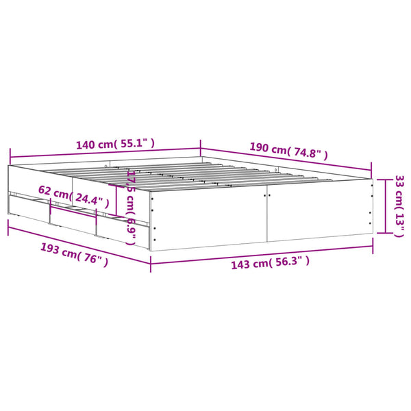 vidaXL Bed Frame with Drawers Brown Oak-Effect 140x190 cm