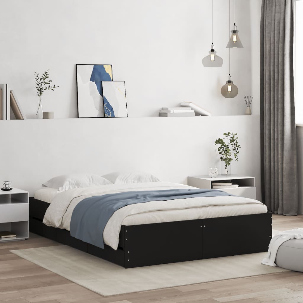 vidaXL Bed Frame with Drawers Black 135x190 cm Engineered Wood