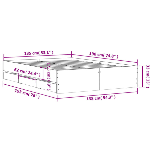 vidaXL Bed Frame with Drawers Concrete Grey 135x190 cm Engineered Wood