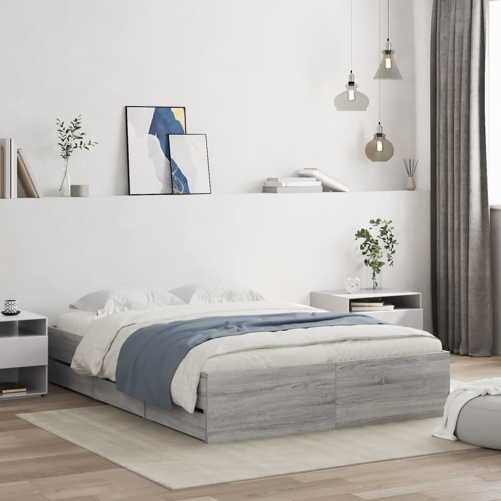 vidaXL Bed Frame with Drawers Grey Sonoma 135x190 cm Engineered Wood