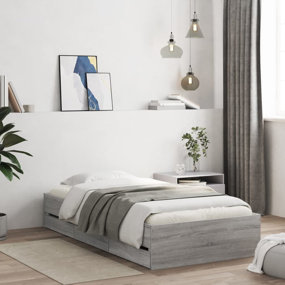 vidaXL Bed Frame with Drawers Grey Sonoma 90x190 cm Engineered Wood