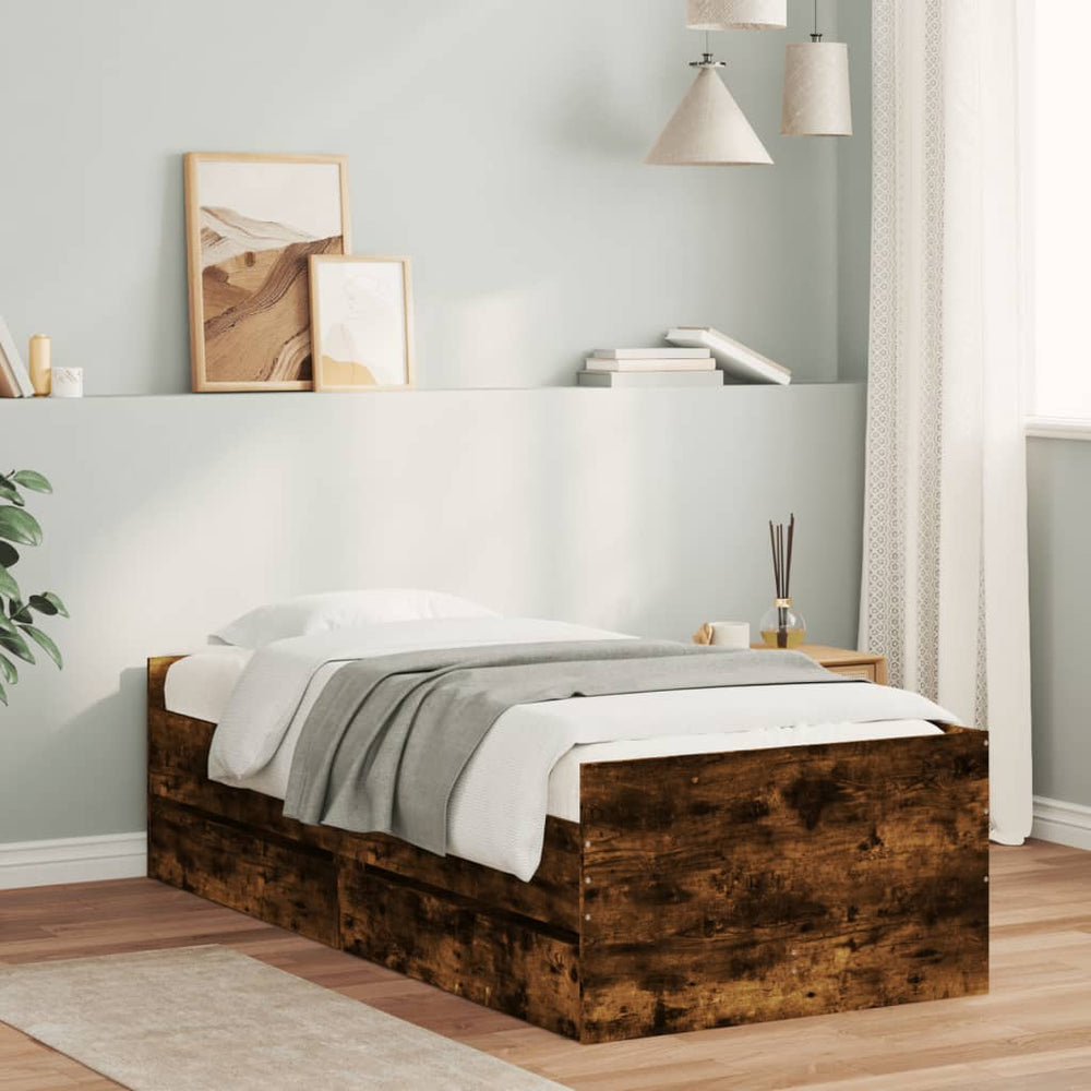 vidaXL Bed Frame with Drawers Smoked Oak 100x200 cm