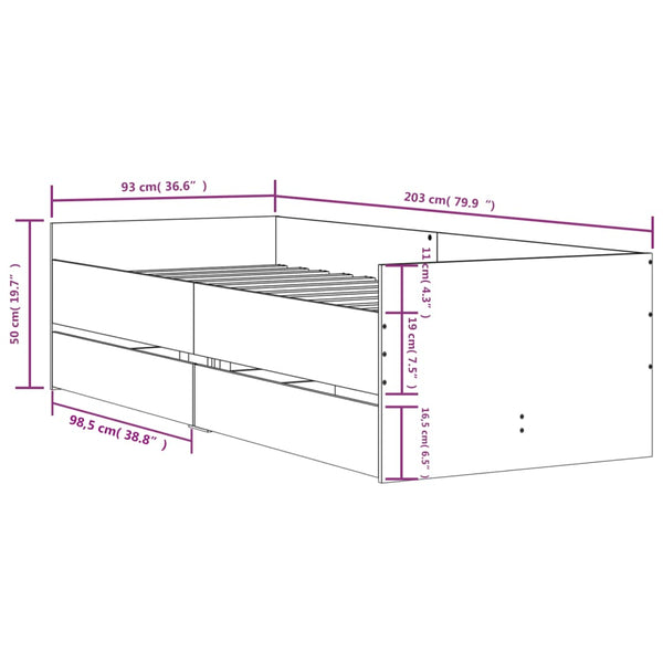 vidaXL Bed Frame with Drawers Concrete Grey 90x200 cm
