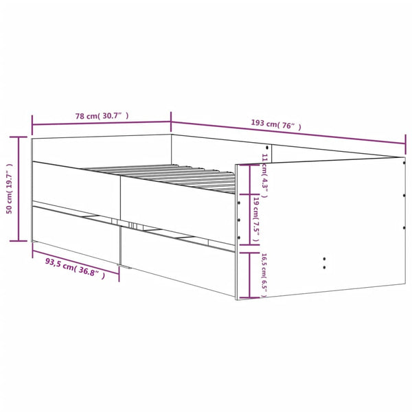 vidaXL Bed with Drawers Concrete Gray 75x190 cm