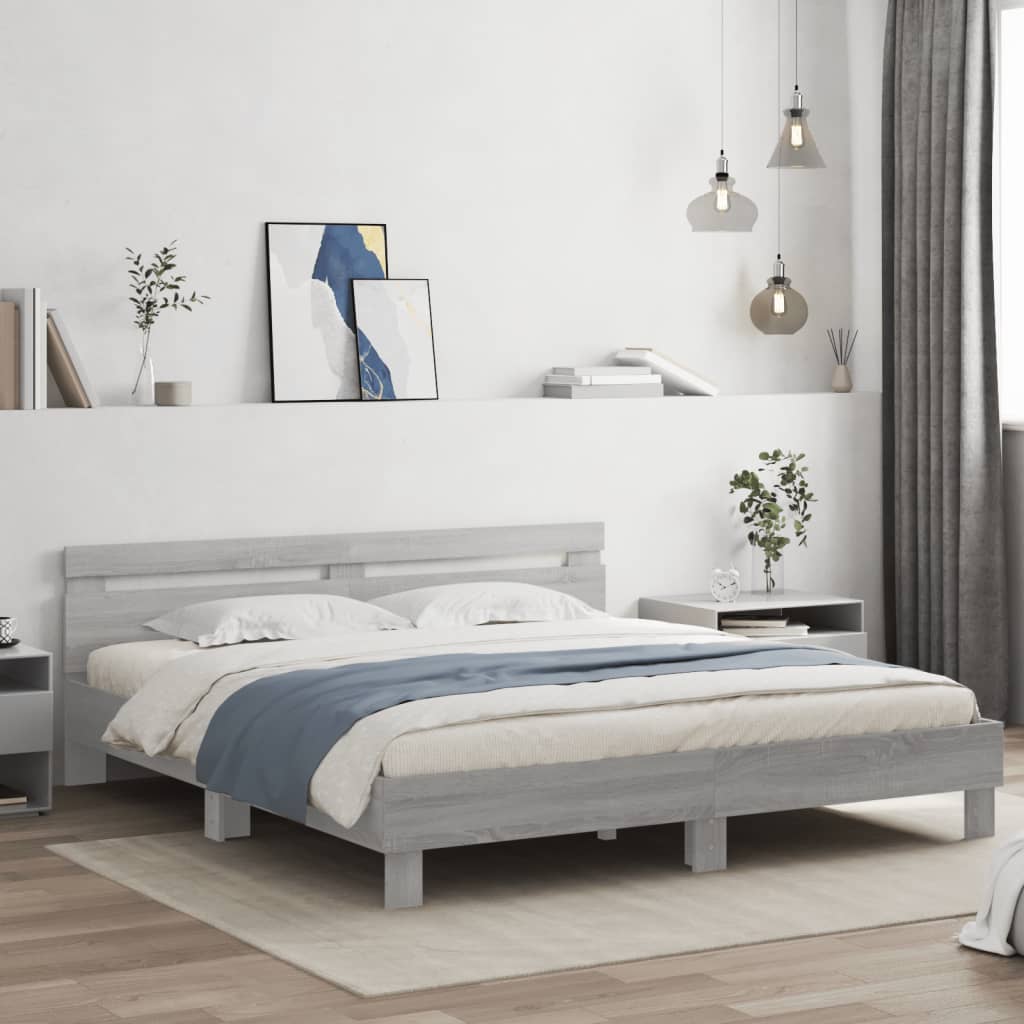 vidaXL Bed Frame with Headboard Grey Sonoma 200x200cm Engineered Wood