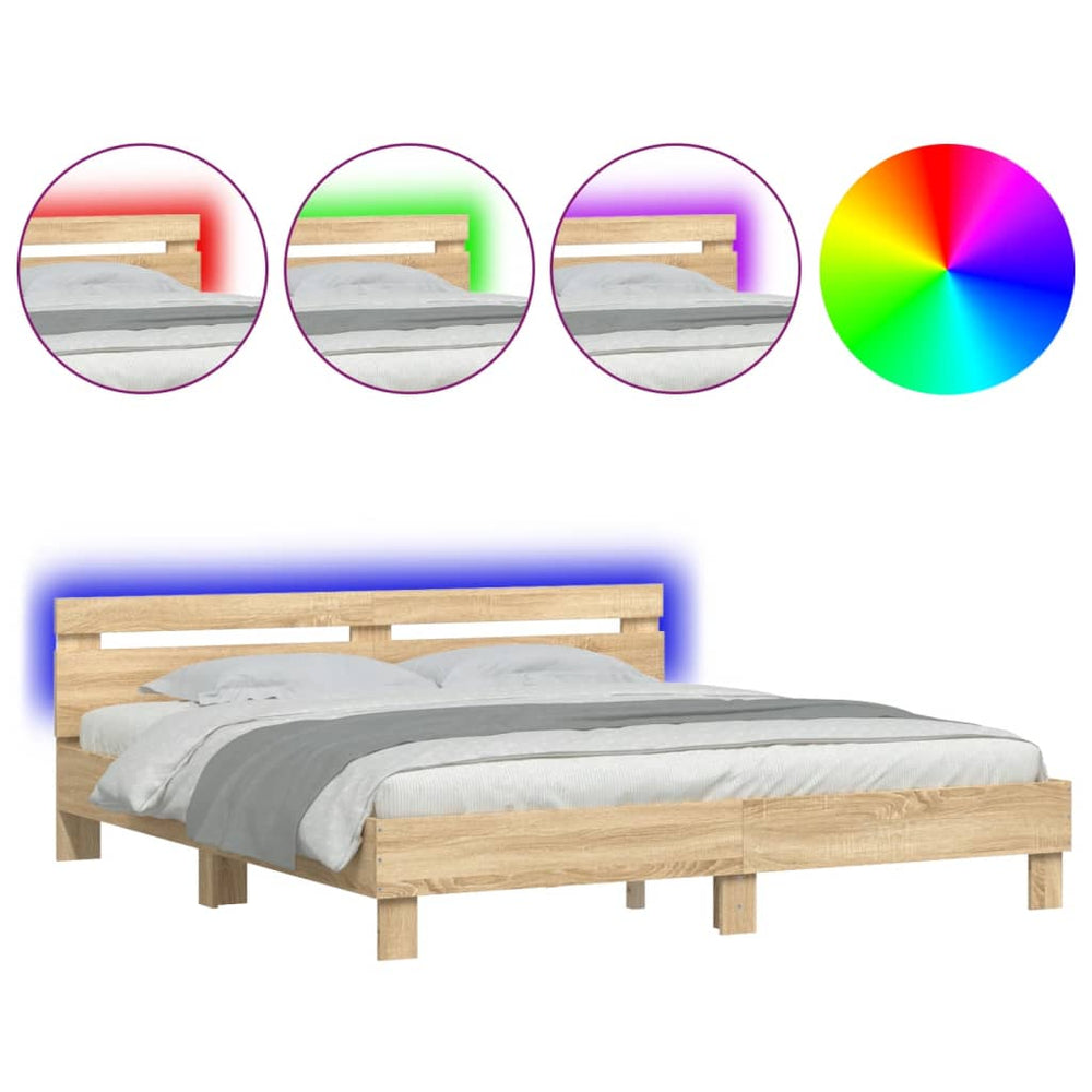 vidaXL Bed Frame with Headboard and LED Sonoma Oak