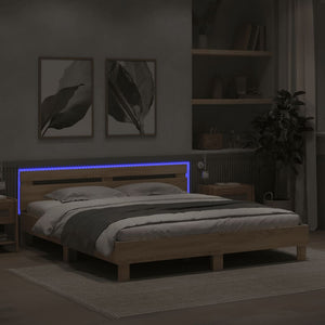 vidaXL Bed Frame with Headboard and LED Sonoma Oak