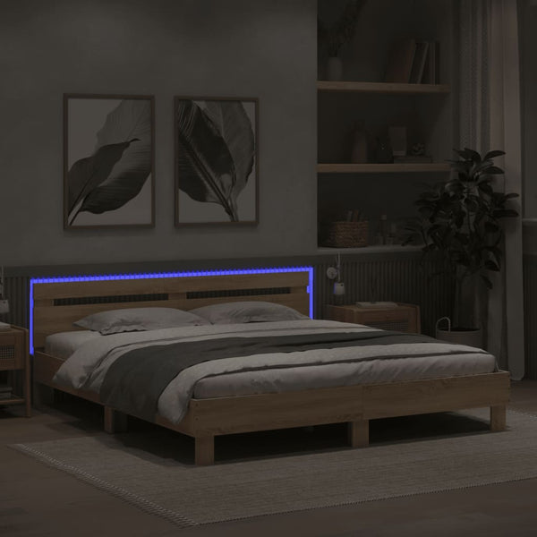 vidaXL Bed Frame with Headboard and LED Sonoma Oak