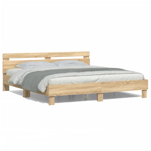 vidaXL Bed Frame with Headboard and LED Sonoma Oak