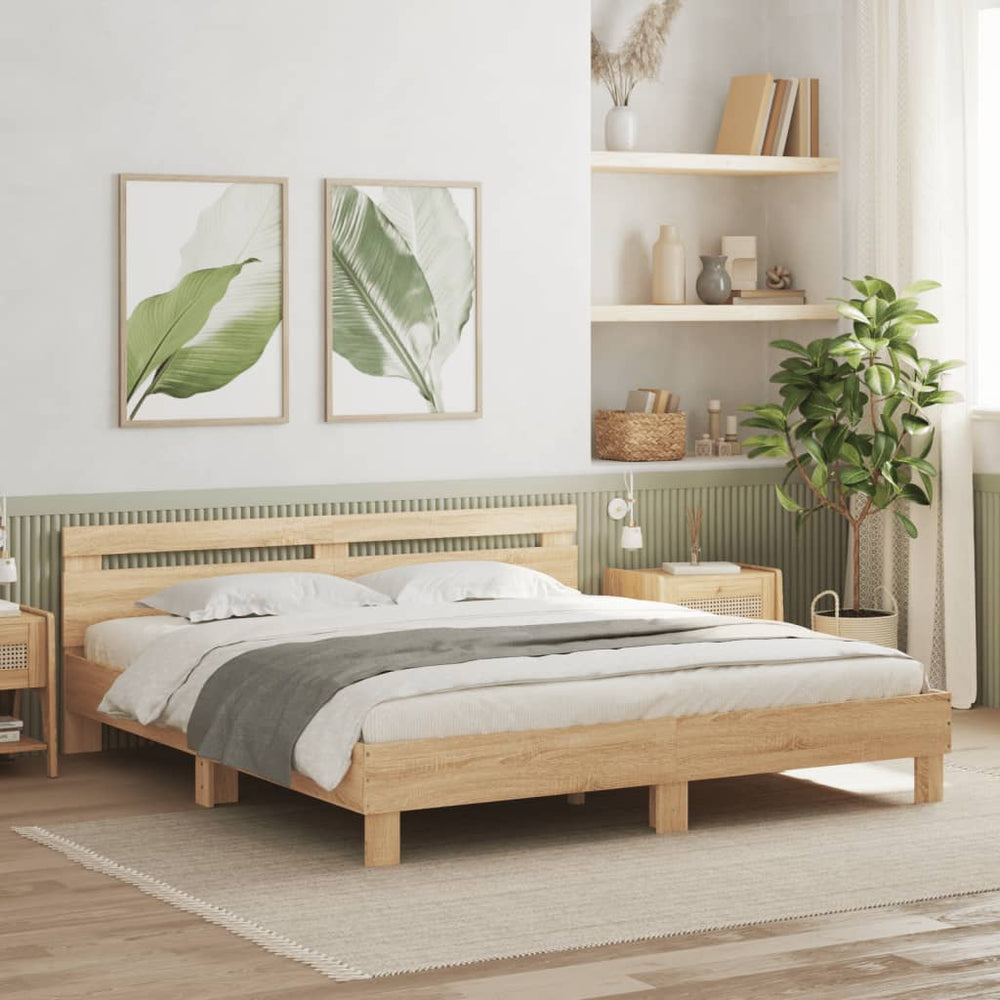 vidaXL Bed Frame with Headboard and LED Sonoma Oak