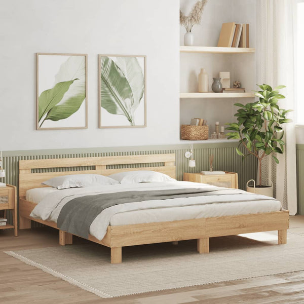 vidaXL Bed Frame with Headboard and LED Sonoma Oak
