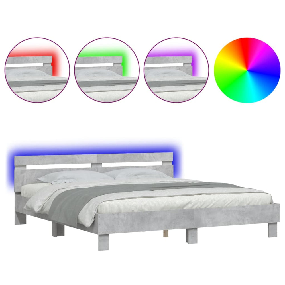 vidaXL Bed Frame with Headboard and LED Lighting Concrete Grey