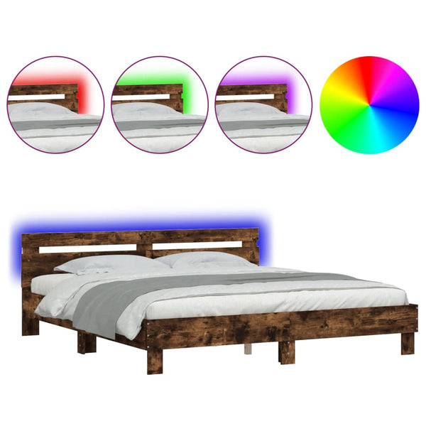 vidaXL Bed Frame with Headboard and LED Lighting Smoked Oak