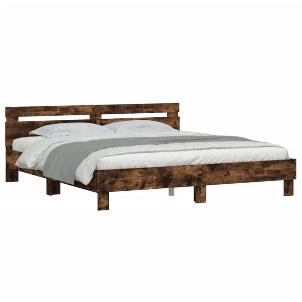 vidaXL Bed Frame with Headboard and LED Lighting Smoked Oak