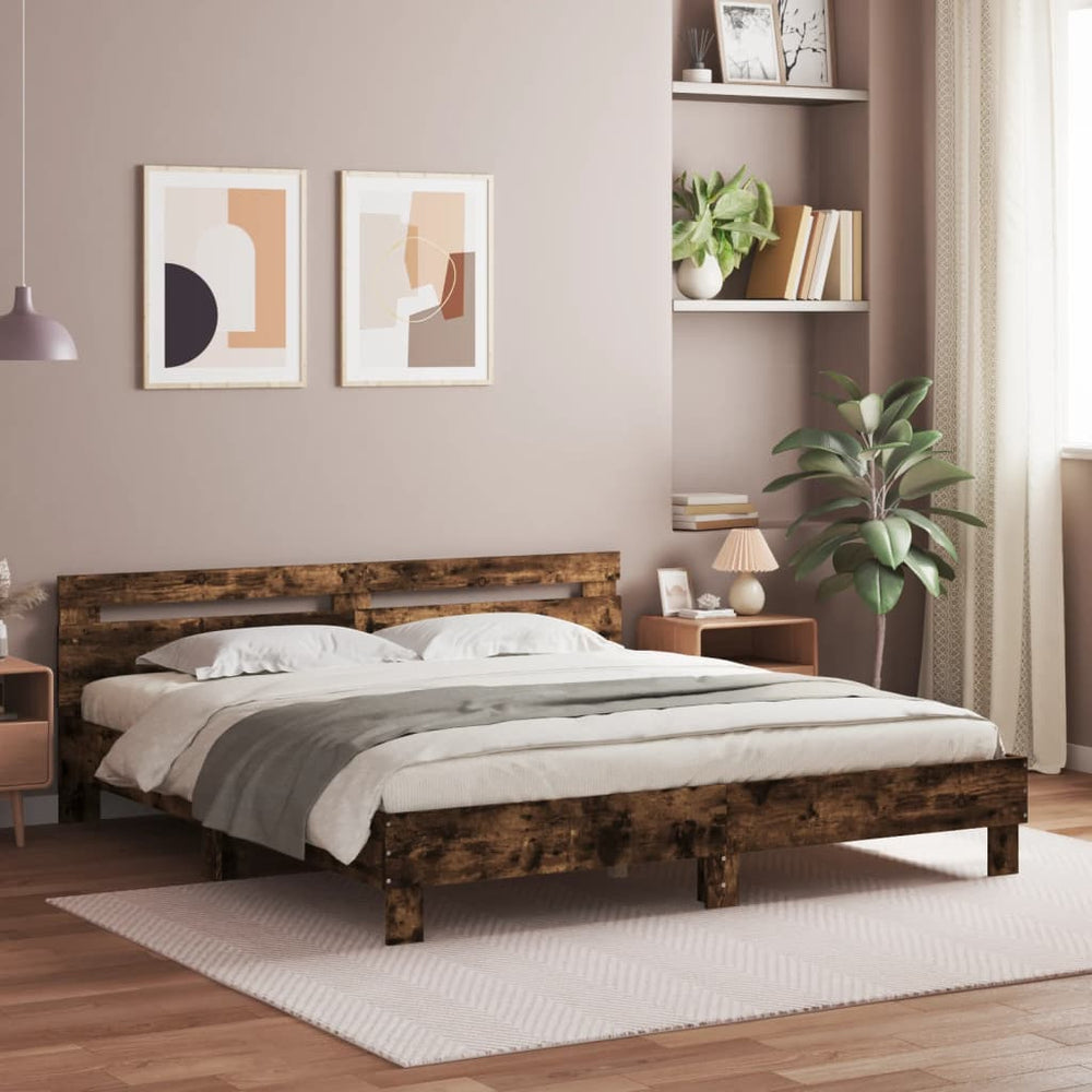 vidaXL Bed Frame with Headboard and LED Lighting Smoked Oak