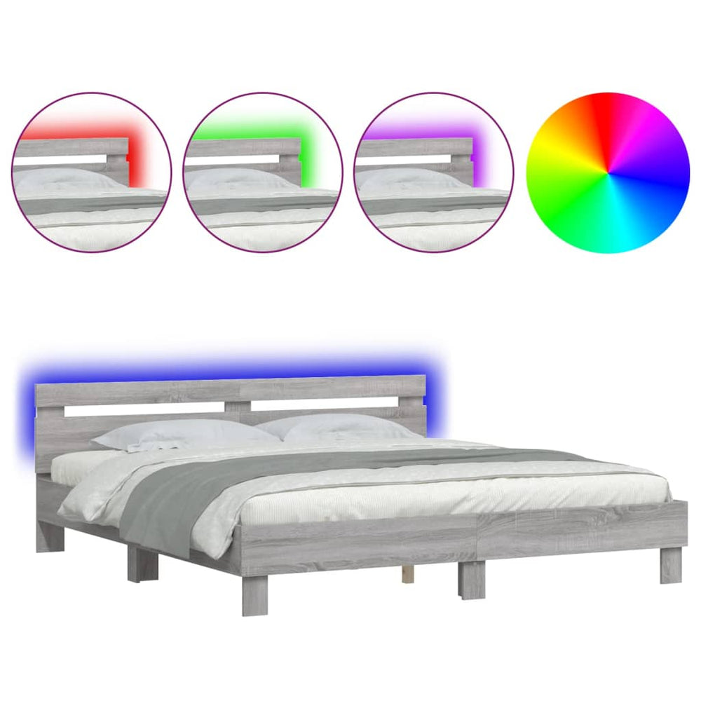 vidaXL Bed Frame with Headboard and LED Light Grey Sonoma