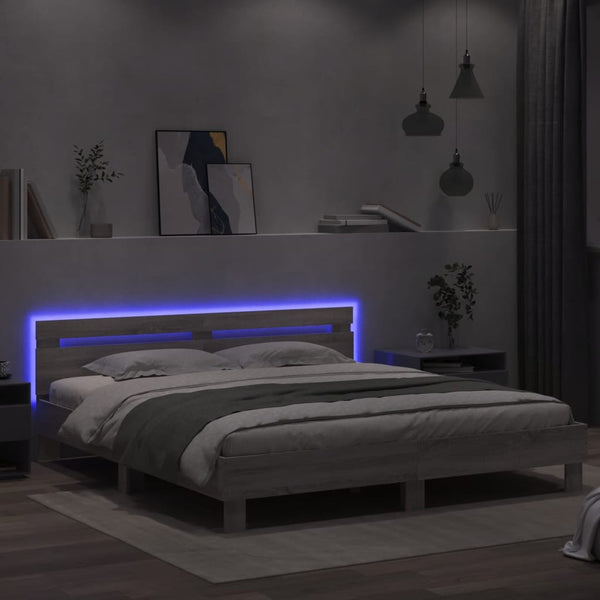 vidaXL Bed Frame with Headboard and LED Light Grey Sonoma