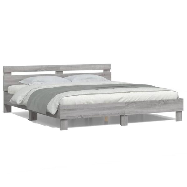 vidaXL Bed Frame with Headboard and LED Light Grey Sonoma