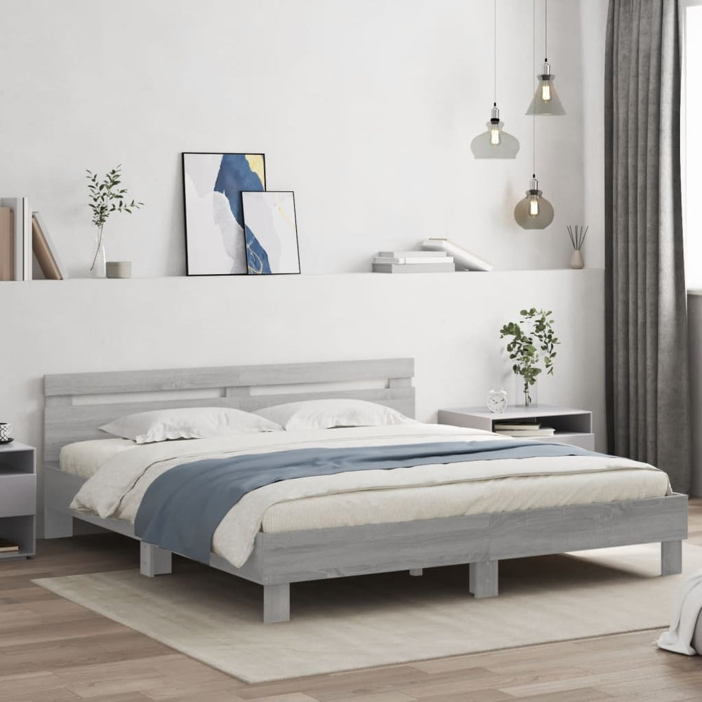 vidaXL Bed Frame with Headboard and LED Light Grey Sonoma