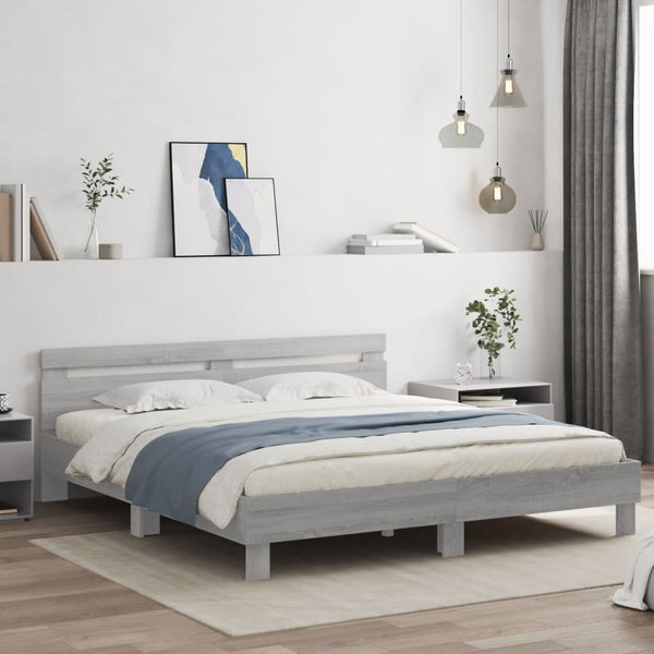 vidaXL Bed Frame with Headboard and LED Light Grey Sonoma