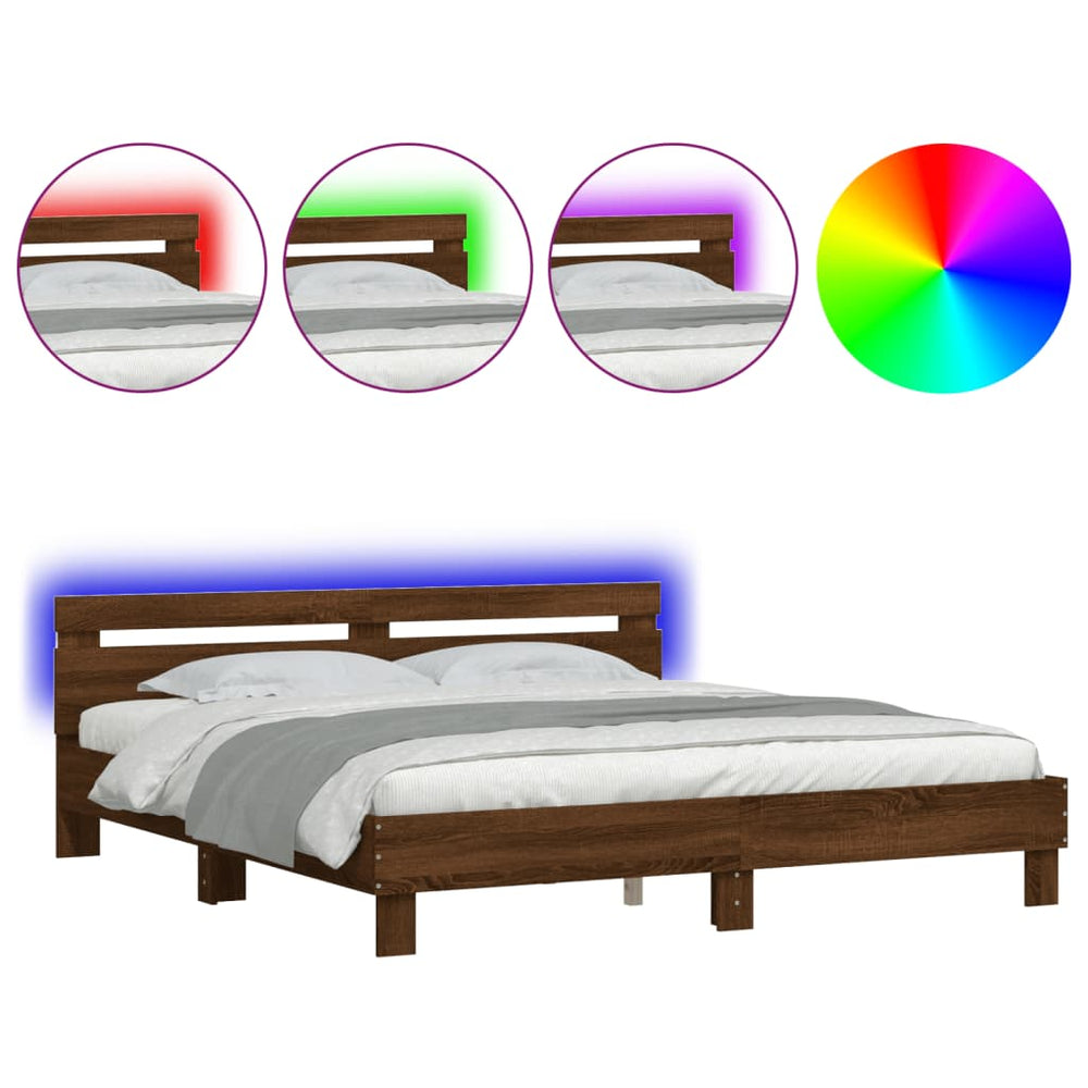 vidaXL Bed Frame with Headboard and LED Lighting Brown Oak Look