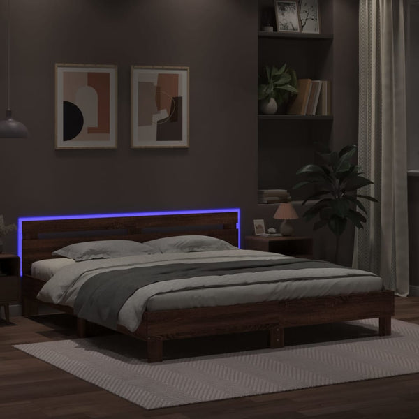 vidaXL Bed Frame with Headboard and LED Lighting Brown Oak Look