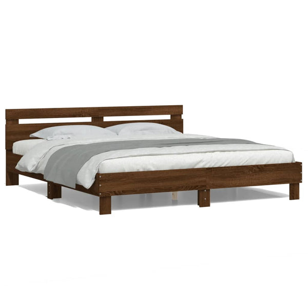 vidaXL Bed Frame with Headboard and LED Lighting Brown Oak Look
